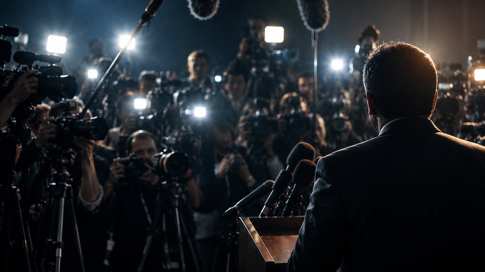 A speaker at a lectern seen from behind, facing a wall of press cameras and firing flashes